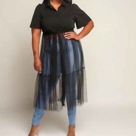 Uplifting Collared Mesh Belted Top (Plus Size) - Picture 4 of 4